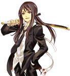 black_eyes black_hair formal long_hair male_focus miho_(mi) necktie open_mouth over_shoulder ponytail solo suit sword tales_of_(series) tales_of_vesperia weapon weapon_over_shoulder yuri_lowell 
