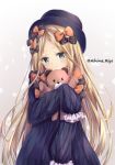  1girl abigail_williams_(fate/grand_order) aihime_riyo artist_name bangs black_bow black_dress black_hat blonde_hair blue_eyes blush bow closed_mouth dress fate/grand_order fate_(series) forehead frills hair_bow hat highres holding holding_stuffed_animal long_hair long_sleeves looking_at_viewer object_hug orange_bow parted_bangs polka_dot polka_dot_bow sleeves_past_fingers sleeves_past_wrists smile solo stuffed_animal stuffed_toy teddy_bear 