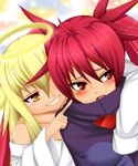  2girls angelia_avallone aq_interactive arcana_heart arcana_heart_2 arcana_heart_3 atlus blonde_hair cloak examu grin halo long_hair multiple_girls najaran_(pixiv) red_eyes red_hair scharlachrot sleeves_past_wrist sleeves_past_wrists smile twintails yellow_eyes 