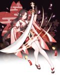  ahoge bangs bell brown_gloves brown_hair closed_mouth commentary_request facial_mark forehead_mark full_body gloves hakama_skirt hanami_dango_(zzldango) highres holding holding_sword holding_weapon long_hair looking_at_viewer onmyoji orange_eyes parted_bangs red_skirt sandals skirt solo sword tabi thighhighs very_long_hair weapon white_legwear youtouhime zettai_ryouiki 