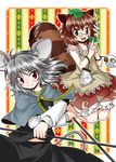  animal_ears bottle brown_eyes brown_hair futatsuiwa_mamizou glasses grey_hair leaf leaf_on_head mouse_ears mouse_tail multiple_girls nazrin nibi pince-nez raccoon_ears raccoon_tail red_eyes short_hair tail touhou 