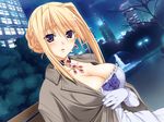  bench blonde_hair breasts building buildings cleavage coat earrings fountain jewelry night park princess_lover purple_eyes silvia_van_hossen tree trees 