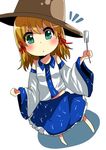  1girl :&lt; aqua_eyes bad_id bad_pixiv_id blonde_hair blush chibi cosplay detached_sleeves gohei hair_ribbon hat kochiya_sanae kochiya_sanae_(cosplay) moriya_suwako pun2 ribbon short_hair solo touhou 