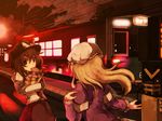  bad_id bad_pixiv_id blonde_hair brown_eyes brown_hair commentary food ground_vehicle hat kyoto lamppost long_hair maribel_hearn mouth_hold multiple_girls necktie night real_world_location taiyaki tokoroten_(hmmuk) touhou train usami_renko wagashi 