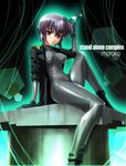  bodysuit breasts brown_eyes coat ghost_in_the_shell ghost_in_the_shell_stand_alone_complex grey_bodysuit kusanagi_motoko legs long_legs medium_breasts overcoat purple_hair shiny shiny_clothes skin_tight solo sunglasses tnonizyou 