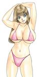  armpits arms_up bikini blue_eyes bra breasts brown_hair erect_nipples female highres large_breasts lingerie lips long_hair milf nishimaki_tohru panties simple_background solo standing swimsuit thong underwear white_background 