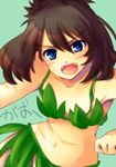  blue_eyes brown_hair fangs leaf_bikini mokorei no_bandana no_headwear odamaki_sapphire open_mouth pokemon pokemon_special short_hair solo translated 