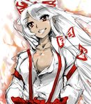  :d arm_garter bad_id bad_pixiv_id bangs blunt_bangs body_blush bow breasts cleavage collarbone covered_nipples dark_skin dress_shirt fire fujiwara_no_mokou grin hair_bow hands_in_pockets hyudora long_hair medium_breasts open_clothes open_mouth open_shirt shirt sketch smile solo straight_hair suspenders tan touhou very_long_hair white_hair 