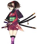  akagi_kiyo armor bell black_hair breasts brown_eyes brown_hair comb flower hair_flower hair_ornament japanese_clothes katana kimono medium_breasts momohime oboro_muramasa reverse_grip sheath sheathed short_kimono shoulder_pads simple_background solo striped striped_legwear sword thighhighs weapon 