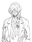  coat copyright_request greyscale hair_over_eyes kei_(bekei) male_focus monochrome ponytail solo 