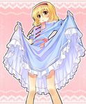  alice_margatroid blonde_hair blush brown_eyes dress dress_lift embarrassed frills from_below frown gathers hairband highres legs sakino_shingetsu short_hair simple_background solo the_iron_of_yin_and_yang touhou 
