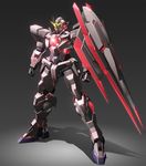  clenched_hands gradient gradient_background green_eyes grey_background gundam gundam_00 gundam_00_a_wakening_of_the_trailblazer huge_weapon machinery mecha no_humans nt-d reborns_gundam shade shiny simple_background standing weapon zb 