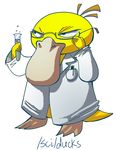  adjusting_eyewear artist_request gen_1_pokemon glasses labcoat no_humans pen pokemon pokemon_(creature) psyduck pun science simple_background test_tube white_background 