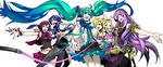  4girls fashion hatsune_miku headphones highres kagamine_len kagamine_rin kaito long_hair megurine_luka meiko miwa_shirou multicolored_hair multiple_boys multiple_girls ribbon short_hair skirt thighhighs twintails two-tone_hair vocaloid 