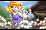  &gt;_&lt; aono3 baby blonde_hair blue_eyes carrying closed_eyes denden_daiko eyes green_hair hair_ornament hat kochiya_sanae letterboxed moriya_suwako multiple_girls mystia_lorelei mystia_lorelei_(bird) piggyback rattle_drum short_hair tadpole thighhighs touhou younger 