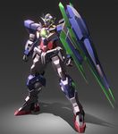  clenched_hands gradient gradient_background green_eyes grey_background gundam gundam_00 gundam_00_a_wakening_of_the_trailblazer huge_weapon machinery mecha no_humans nt-d reborns_gundam shade shiny simple_background standing weapon zb 
