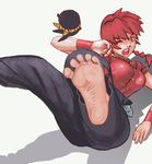  armband barefoot blue_eyes braid chinese_clothes falling feet genderswap genderswap_(mtf) hibiki_ryouga lyk p-chan pants ponytail ranma-chan ranma_1/2 red_hair saotome_ranma soles tangzhuang toes wrinkled_skin 