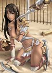  armor blue_eyes breast_hold breasts brown_hair cage dark_skin gladiator gladiator_begins gladiatrix helmet ian_shen long_hair medeia sand signature solo sword weapon 