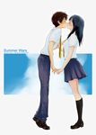  1girl black_hair blush brown_hair closed_eyes cloud couple hetero holding_hands kiss koiso_kenji legs necktie osuzu_akiomi pleated_skirt school_uniform shinohara_natsuki skirt summer_wars tiptoe_kiss tiptoes 