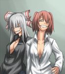  breasts cleavage fujiwara_no_mokou grin hair_ribbon hand_on_hip large_breasts long_hair multiple_girls onozuka_komachi open_clothes open_shirt red_eyes ribbon shirt short_hair silver_hair smile smirk supu touhou white_shirt 