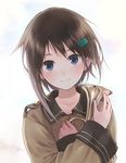  1girl blue_eyes brown_hair cloud female hair_ornament hairclip head_tilt instrument kishida_mel lowres military military_uniform object_hug short_hair sky solo sora_no_woto sorami_kanata trumpet uniform white_background 