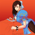 alternate_hairstyle bracelet brown_eyes brown_hair bun_cover cao-cao china_dress chinese_clothes chun-li dress jewelry long_hair pantyhose pelvic_curtain solo spiked_bracelet spikes street_fighter 