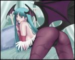  animal_print ark_(morita_hitomi) ass bare_shoulders bat_print bed breasts character_name demon_girl elbow_gloves gloves green_eyes green_hair head_wings large_breasts long_hair looking_back morrigan_aensland pantyhose print_legwear purple_wings sideboob solo source_request succubus vampire_(game) wings 