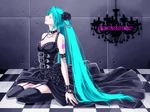  aqua_hair belt bracelet chain closed_eyes collar dress flower garter_straps garters gothic_lolita hair_flower hair_ornament hatsune_miku jewelry lolita_fashion long_hair rose solo spiked_bracelet spiked_collar spikes thighhighs touya_(roukaku) twintails very_long_hair vocaloid zettai_ryouiki 