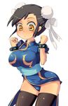  black_hair bracelet brown_eyes bun_cover china_dress chinese_clothes chun-li comcom double_bun dress jewelry pelvic_curtain sash solo spiked_bracelet spikes street_fighter thighhighs 