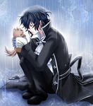  animal artist_request black_hair cloak dog gilbert_nightray male_focus pandora_hearts puppy rain simple_background solo tail wet yellow_eyes 