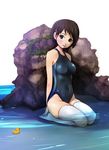  bad_id bad_pixiv_id bare_shoulders blue_eyes brown_hair competition_swimsuit hair_ornament hairclip highres impossible_clothes impossible_swimsuit mole mole_under_mouth navel one-piece_swimsuit original rubber_duck seiza shigureteki short_hair sitting solo swimsuit thighhighs white_legwear 