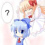 :d ? ^_^ blonde_hair blue_eyes blue_hair bow cirno closed_eyes dress expressionless fairy_wings hair_bow hat imminent_hug lily_white long_hair multiple_girls open_mouth pouncing r_pascal sash short_hair smile socks speech_bubble spoken_question_mark touhou very_long_hair wings 