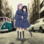  arm_hug black_hair blush bob_dylan closed_eyes ground_vehicle kajiki_yumi kanbara_satomi kneehighs motor_vehicle multiple_girls parody purple_eyes purple_hair red_hair richard_crazyman saki school_uniform short_hair skirt socks touyoko_momoko tsuruga_school_uniform van volkswagen yuri 