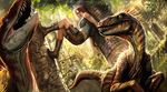  boots brown_hair dinosaur female girl hotpants jungle lara_croft large_breasts legs legs_up long_hair midriff muscle outdoors outside ponytail ruins shirt shorts sweat tail teeth tomb_raider velociraptor 