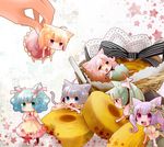  ahoge animal_ears annoyed basket blue_eyes blue_hair blush bow cat_ears cat_tail chibi eating fang food green_eyes green_hair grey_hair hair_bow hair_ribbon highres in_food minigirl moonyan multiple_girls open_mouth original pastry red_eyes ribbon tail twintails yellow_eyes 