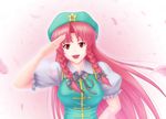  braid chinese_clothes hat hong_meiling long_hair nazal red_eyes red_hair salute solo touhou twin_braids 
