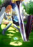  1girl aion angel armor asmodian bad_id bad_pixiv_id brown_hair demon elyos flower pirano purple_hair sleeping sword tree weapon 