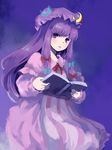  bangs blunt_bangs book crescent hair_ribbon hat hko long_hair patchouli_knowledge purple purple_eyes purple_hair reading ribbon solo touhou 