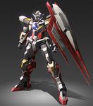  clenched_hands gradient gradient_background green_eyes grey_background gundam gundam_00 gundam_00_a_wakening_of_the_trailblazer huge_weapon machinery mecha no_humans reborns_gundam shade shiny simple_background standing weapon zb 