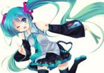  aqua_eyes aqua_hair detached_sleeves hatsune_miku headset long_hair necktie one_eye_closed shinia skirt smile solo spring_onion thighhighs twintails very_long_hair vocaloid 