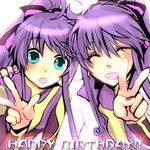  1girl bad_id bad_pixiv_id blue_eyes dual_persona gakuko genderswap genderswap_(mtf) happy_birthday honoka_(ranukirai) kamui_gakupo long_hair nail_polish ponytail purple_hair purple_nails v vocaloid 