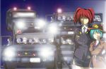  bad_id bad_pixiv_id breasts green_eyes green_hair hat junkei large_breasts miniskirt multiple_girls necktie onozuka_komachi pencil_skirt police police_uniform policewoman red_eyes red_hair shiki_eiki skirt touhou trench_coat uniform 