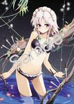  bad_id bad_pixiv_id bikini black_bikini braid chiba_sadoru frilled_bikini frills front-tie_top izayoi_sakuya knife navel pocket_watch purple_eyes ripples sample short_hair silver_hair solo swimsuit touhou twin_braids wading watch water watermark 