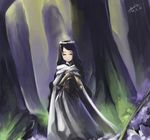  armor bad_id bad_pixiv_id black_eyes black_hair cape dress flower forest gua highres long_hair nature original signature solo standing tree 