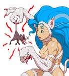  animal_ears big_hair blue_hair breasts cat_ears claws fangs felicia fur large_breasts long_hair mouse muscle solo surprised tail vampire_(game) yamamiya_hiroshi 