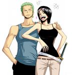  1girl black_hair blush breasts camisole couple earrings glasses green_hair heart hetero jewelry katana large_breasts one_piece roronoa_zoro sheath sheathed simple_background smile sword syui tank_top tashigi weapon 