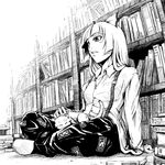  book cat chiro_(suzuka98) fujiwara_no_mokou greyscale hair_ribbon monochrome ribbon sitting solo touhou 