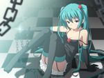  aqua_eyes aqua_hair chain checkered dress elbow_gloves flower garter_straps gloves hair_ornament hatsune_miku long_hair sitting solo strap_slip thighhighs twintails very_long_hair vocaloid yuzuki_kei 