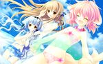  animal_ears bikini blonde_hair blush closed_eyes cloud collar day dog_ears dog_tail fang flat_chest flower frilled_bikini frills hair_flower hair_ornament hair_ribbon happy highres holding_hands innertube lily_(wanko) long_hair multiple_girls non-web_source pink_hair ribbon sakurazawa_izumi short_hair sky swimsuit tail touko_(wanko_to_lily) very_long_hair wading wallpaper wanko wanko_to_lily water white_hair 