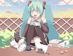  aqua_eyes aqua_hair bag blush cat chain-link_fence clock clockshow detached_sleeves fence hatsune_miku long_hair masuneko necktie potato sitting skirt smile solo spring_onion thighhighs twintails very_long_hair vocaloid zettai_ryouiki 